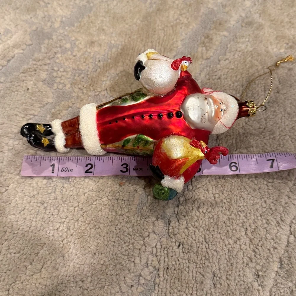 🎅 🐓 Vintage Santa Holding Chickens Glass Christmas Ornament Large 6.5